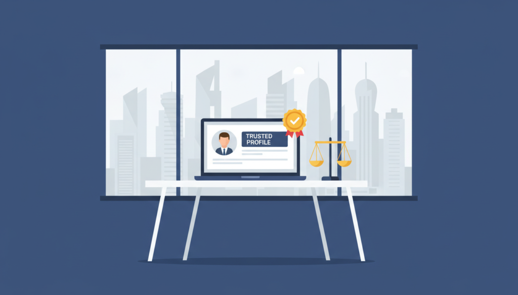 Professional consultancy office with a verified profile page on a laptop and Doha skyline